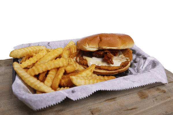 Hangry's Grill's chicken sandwich and a serving of french fries sit together in a basket.