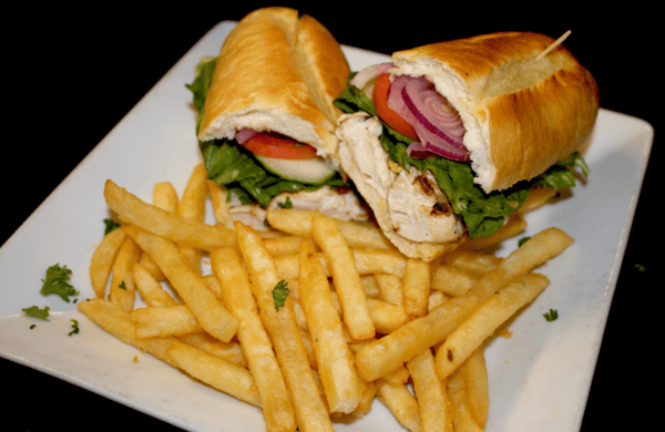 turkey sandwich with a side of fries