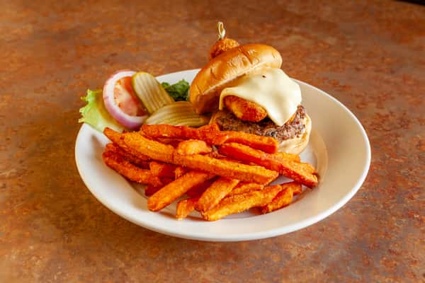 Spicy Cheese Curd Burger with Sweet Potato Fries 