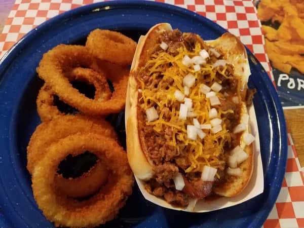 Chili cheese dog and onion rings