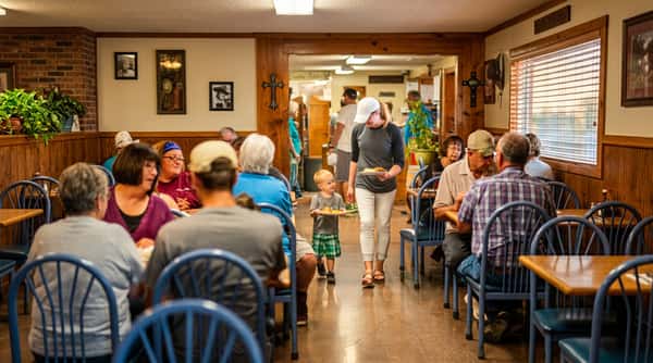 Woman and young boy carrying plates of food walk through a casual, crowded dining room with other patrons seated.