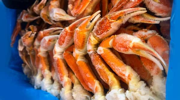 Crab legs arranged over ice for seafood dining at Woody's Burgers and Bugs