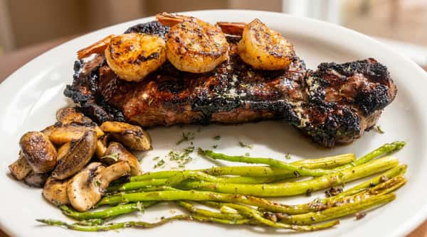 Surf and turf dinner with grilled steak, seafood and asparagus at Woody's Burgers and Bugs