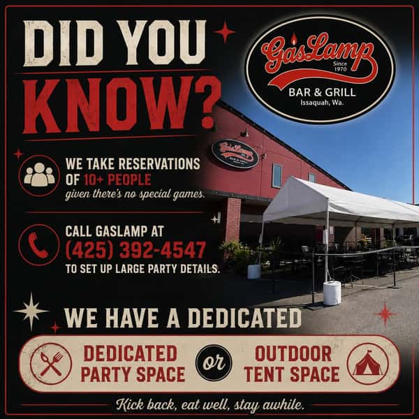 Planning a get-together? 🎉 We take reservations for parties of 10+ when there are no special sport events! Give us a call at (425) 392-4547 to set up the details and ask about our dedicated party space or outdoor tent space.

🥩 TONIGHT: PRIME RIB!
Starting at 4 PM while supplies last — come hungry and grab yours before it’s gone!

Kick back, eat well, stay awhile.

#GaslampBarAndGrill #IssaquahEats #PrimeRibNight #IssaquahWA #GatherAtGaslamp