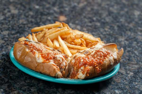 Chicken parmesean sandwich with fries