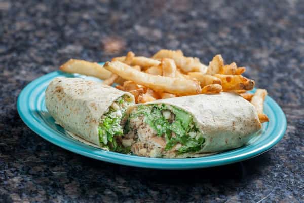 Grilled chicken Caesar wrap with fries