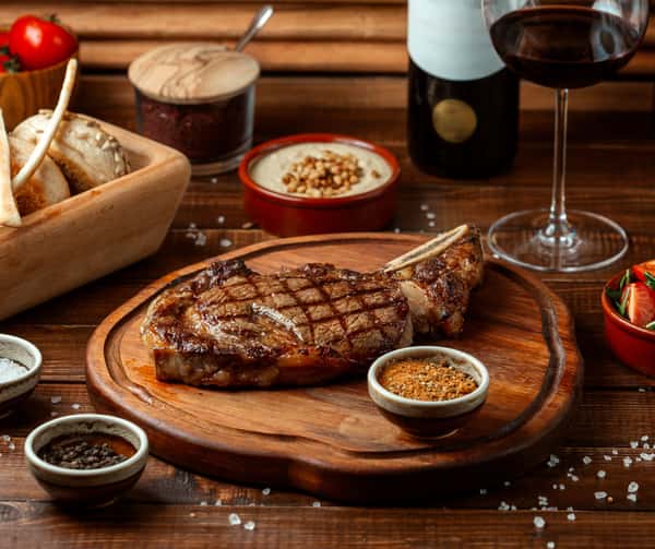 Steak in a wooden board
