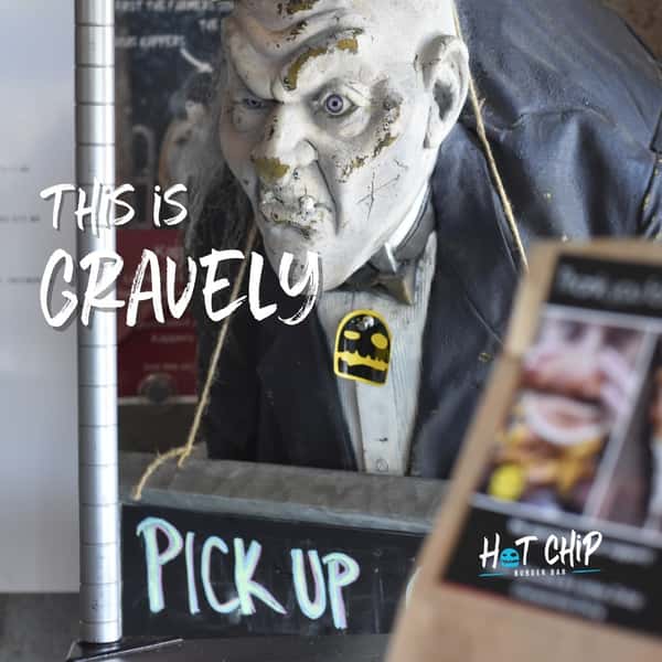 Have you met Gravely!? 🧟‍♂️
.
Gravely is here to ensure fun is happening... He keeps an eye 👁 on your to go orders to make sure they don't go missing. #teamgravely 💚!
.
 #supportlocalbusiness #supportlocal #hotchip #rochestermn #rochmn #hotchipburgers #hotchipburgerbar
