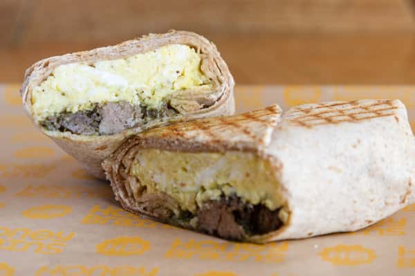 Steak and egg breakfast wrap filled with seasoned beef, eggs, and savory ingredients wrapped in a warm tortilla.