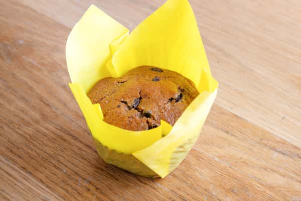 Fresh-baked chocolate chip muffin with a tender crumb and rich chocolate pieces, perfect for breakfast or a snack.