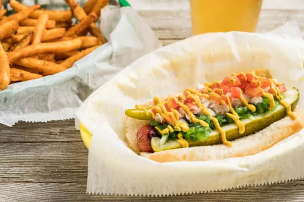 Chicago Dog Fries and Beer  