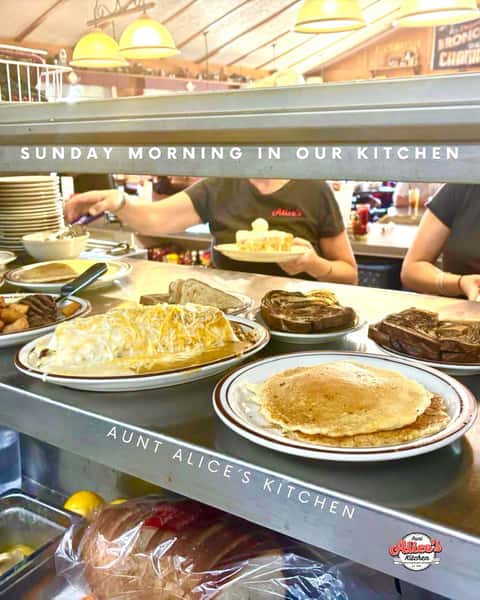 Two of our servers at the pass on a Sunday morning, one of them still holding a slice of pie. Ready to go: a smothered burrito, a stack of pancakes, steak and eggs with crispy hashbrowns. This is what a Sunday looks like at Aunt Alice’s.

#LongmontCO #LongmontEats #LocalDiner #homemade1984