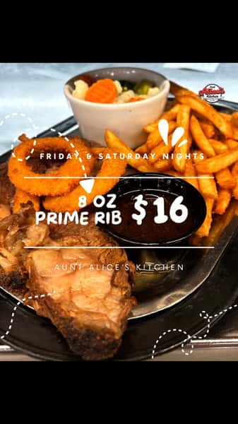 Prime rib Friday, the 8-ounce version this time. $16, caramelized onions on top, fries and a cup of au jus alongside, served on a sizzling black tray straight off the line. Some people get the 8 just so they have room for pie after.

#LongmontCO #ColoradoFoodie #DinnerLongmont #LongmontEats