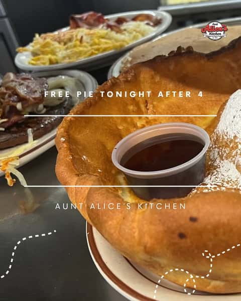 This is where the German Pancake starts. Thin batter poured straight onto the griddle, lacy and bubbled, until it puffs up golden in the oven. $11, add fruit for $1.50. Free pie tonight at 4.

#LongmontCO #HomemadeBreakfast #BreakfastLongmont #FreePie