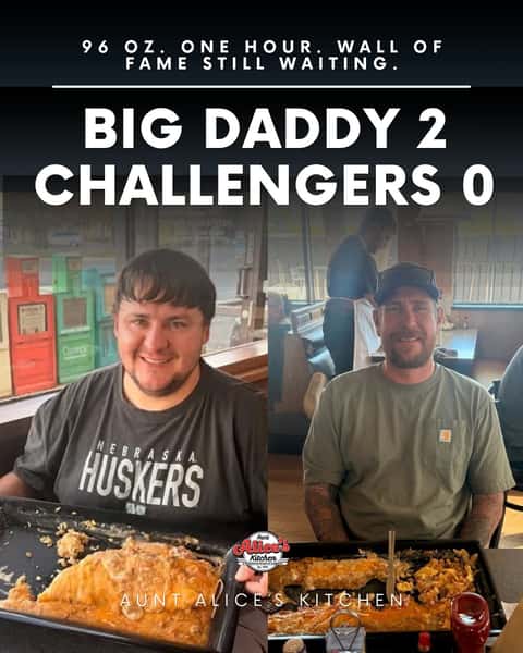 Two challengers sat down with the Big Daddy and the Big Daddy won both times. 96 ounces of eggs, bacon, potatoes, peppers, onions, tomatoes, cheese and our homemade green chile, all rolled into one burrito, with one hour on the clock. Neither of them got to the last bite this time.

Finish it in an hour and the meal is free, the T-shirt is yours and your photo goes on the Wall of Fame. Don’t finish and it’s $38. One attempt per visit, dine-in only. Walk in, we’re holding your booth.

#BigDaddyChallenge #FoodChallenge #LongmontCO #BreakfastBurrito #greenchile