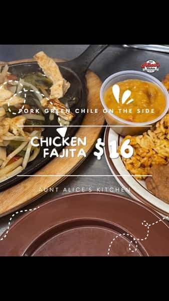 Thursday night is fajita night. $16, chicken or beef, a sizzling skillet of peppers and onions, Spanish rice, refried beans, a cup of our pork green chile on the side. Order it for the sizzle. Stay for the green chile.

#LongmontCO #GreenChile #ColoradoFood #longmonteats