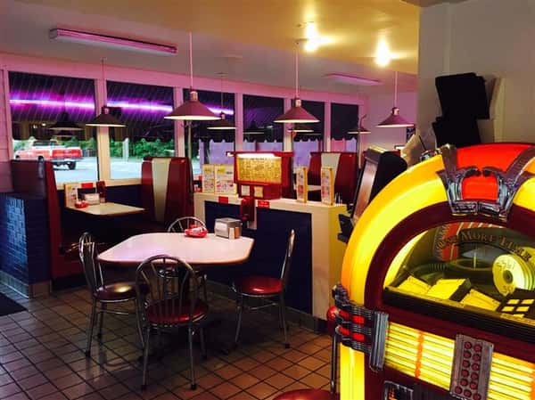 Interior shot of the restaurant with a jukebox