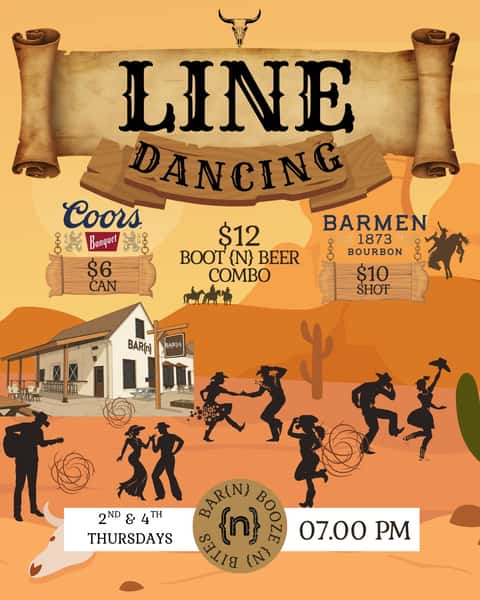 Boots, Beer {n} Bourbon 🥃 🤠💃
Line Dancing BACK This Thursday - 7/9 | 7-10 PM

Come swing around town with 🆕 Line Dancing drink specials: 
🥂$6 Coors Banquet🍻
🥃$10 pours of Barmen Bourbon 
🤠$12 Beer {n} boot shot glass combo

🚜BAR{n} Booze {n} Bites 5521 Chamblee Dunwoody Rd