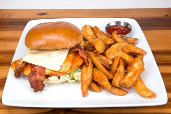 burger and potato wedges