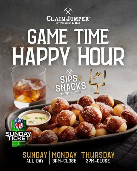 Sundays were made for big plays, bold bites, and unbeatable game-day energy at Claim Jumper Steakhouse & Bar 🏈 Catch every matchup with 🏈 NFL Sunday Ticket & All-Day Happy Hour at Claim Jumper San Diego! 🍻 and make your football season tradition one to cheer for. Bring your crew, grab your favorites, and settle in for a full day of action every Sunday. #ClaimJumper #NFLSundayTicket #SundayFootball #GameDayEats
