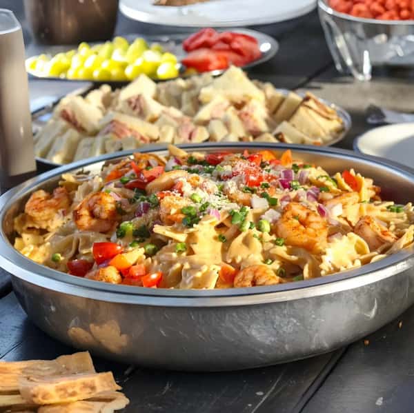 A large serving of pasta salad with shrimp, cherry tomatoes, red onions, and green onions, topped with grated parmesan.