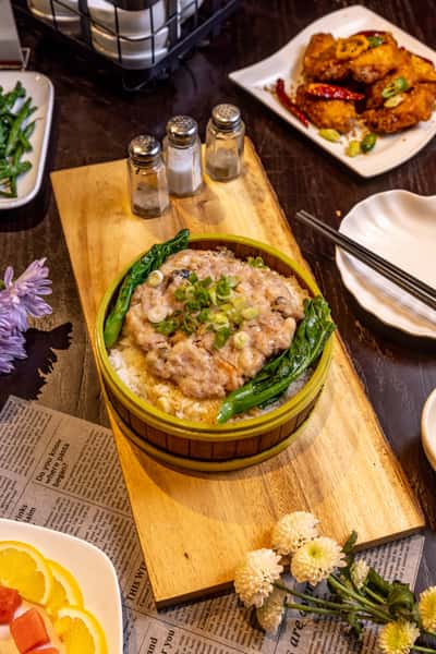 59. 荷香肉餅飯 Ground Pork & Shrimp Over Rice