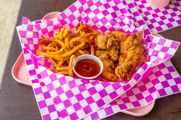 3 Crunchy chicken tenders and a small side of fries.