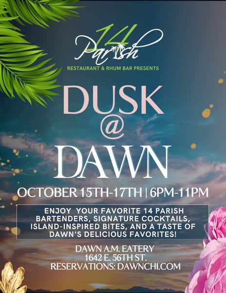 Miss us? We miss you too. That’s why we’re teaming up with our sister location @dawnchicago to bring a little paradise to you while 14 Parish is away 🍹🌴! Join us after dark for your favorite 14 Parish bartenders, signature cocktails, island-inspired bites, and a taste of Dawn’s delicious favorites. Same familiar faces. A whole new vibe. Make reservations now at DawnChi.com or stop by the bar! #14Parish #DawnChi