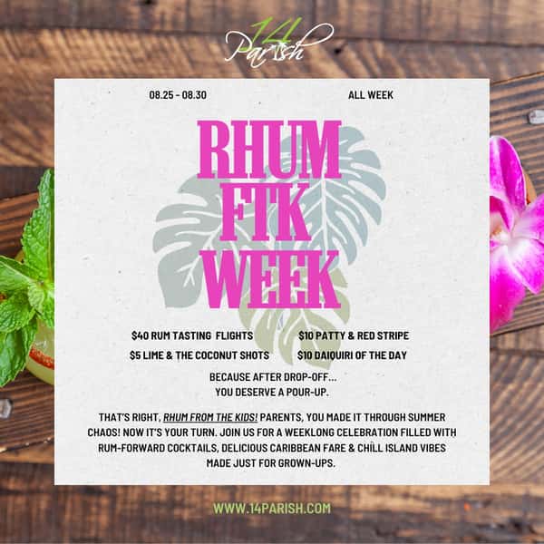 Parents, you packed the lunches, found the missing uniforms, signed the forms, and got everybody out the door.
Now it’s time to celebrate the return of silence. 😂
Join us for Rum FTK: From the Kids, happening the week of August 25 at 14 Parish.
You survived summer break. The first round should feel like a reward.
#RumFTK #ParentsNightOut #14Parish #BackToSchoolSeason #ChicagoParents