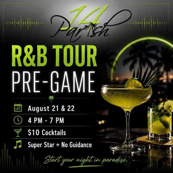 Before the show, we’re setting the mood. 🎶
Join us August 21 and 22 from 4 to 7 PM for the R&B Tour Pre-Game at 14 Parish.
Enjoy $10 featured cocktails, including the Super Star and No Guidance, before heading into your night.
#14Parish #ChicagoRNB #ChicagoEvents #HydeParkChicago