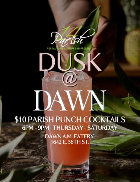 We’re back with Dusk at @dawnchicago , and we’re offering $10 Parish Punch cocktails from 6-9PM Thursday-Saturday 🍹 ! Visit Dawn (just a few minutes from our Hyde Park location!) enjoy your favorite 14 Parish signature cocktails, island-inspired bites, plus a taste of Dawn’s delicious favorites. See you this weekend 🌴🍹! #14Parish #DawnChi