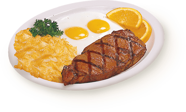 two eggs sunny-side-up with a grilled steak, hash browns and two orange slices.