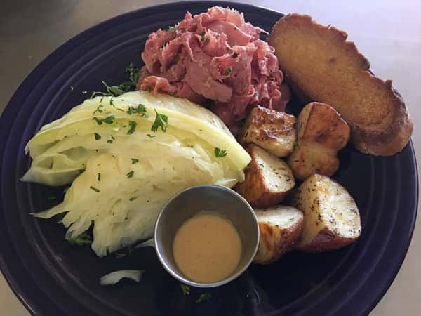 meat, veggies, and potatoes