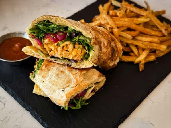 chicken wrap and fries at Indus indian restaurant