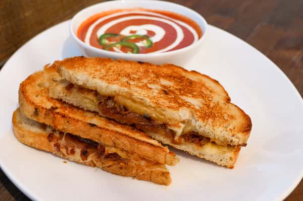 Grilled Cheese + Tomato Jalapeño Soup