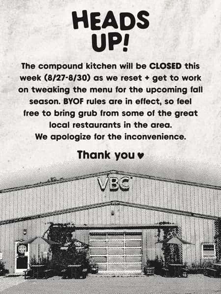 ‼️HEADS UP‼️ The Compound Kitchen will be CLOSED this week (8/27-8/30) as we reset + tweak some stuff for the upcoming fall season. Don’t fret though, the bar will be open + BYOF rules are in effect…so grab some grub from some of the great local spots we have here in town + come hang ✌️