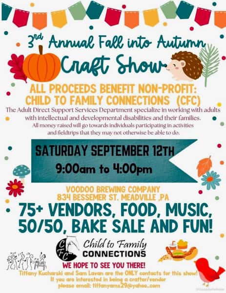 🍁 Fall into Autumn Craft Show 🍁

Join us next Saturday, September 12 from 9am-4pm (Voodoo will open at 10am for drinks + food) for the 3rd Annual Fall into Autumn Craft Show!

Featuring:
🍁 75+ Vendors
🍁 50/50 Raffle
🍁 Bake Sale
🍁 & More!

All proceeds benefit the non-profit, Child to Family Connection (CFC).

So, come on out + help a great cause while getting some great local artisan crafts in the process! ✌️