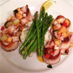 Menu items with mashed potatoes, green beans and shrimp