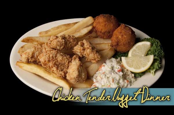 chicken tender nugget dinner with french fries and hush puppies