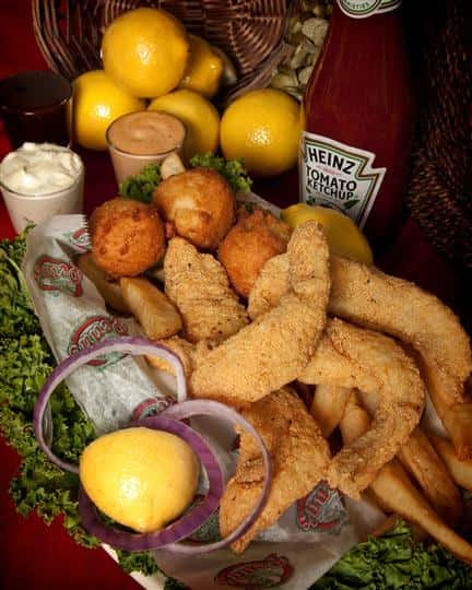 chicken tender dinner with hush puppies
