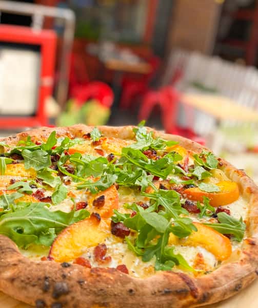 Summer Peach, Bacon, and Blue Cheese Pizza