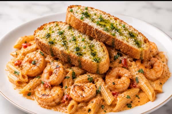 Shrimp Diablo pasta with sautéed shrimp in a spicy creamy tomato sauce, tossed with rigatoni and topped with garlic crostini at Local on North, serving elevated Southern dining in Canton and Marietta.