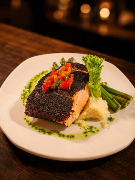 Poppy seed crusted salmon topped with fresh tomato relish, served with creamy mashed potatoes and asparagus at Local on North, featuring fresh seafood and elevated Southern flavors in Canton and Marietta.