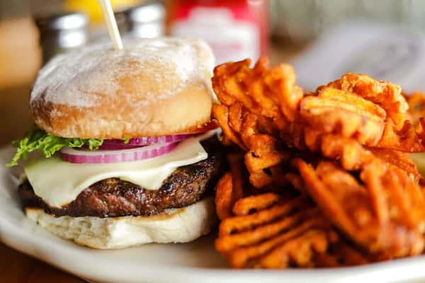Cheddar Burger with Sweet Potato Waffle Fries