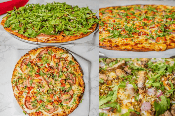 A collage of our specialty pizzas