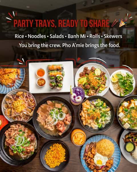 Feeding the crew? Let's make it easy. 🥢🎉

Our Pho A'mie Party Trays are made for sharing, from fried rice and garlic noodles to fresh salads, Banh Mi, crispy rolls, and grilled skewers. 🥗

Office lunch, family gathering, or birthday? We've got plenty to pass around. 🍜❤️

Order online or visit our website to plan your catering!
