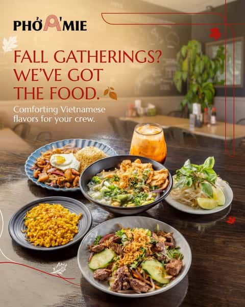 Pre-Halloween party? Fall get-together? 🎃🍂 Whatever's on the calendar, bring Pho A'mie to the table.
From comforting pho and rice meals to Party Trays, Banh Mi, spring rolls, and more, there's plenty to share with the crew. 🍜🥢❤️
Hosting a gathering? Ask about catering. Keeping it cozy at home? Order online. 🏡✨
www.phoamie.com