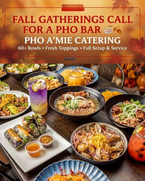 Cooler days, warmer bowls. 🍂🍜

Make your next gathering a little more Pho A'mie with our Pho Bar Catering. Guests can choose their proteins and build their bowl with fresh herbs, bean sprouts, jalapeños, onions, sauces, and all the pho essentials. 🥢🌿

Perfect for office gatherings, family celebrations, and fall get-togethers where everyone deserves a bowl they love. ❤️