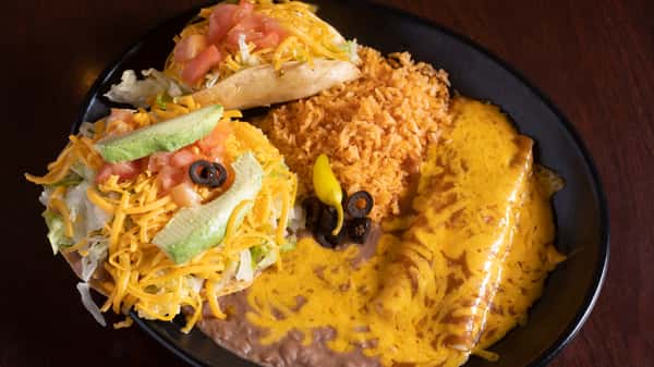 2. Cheese Enchilada*, Bean Tostada and Chicken or Beef Taco