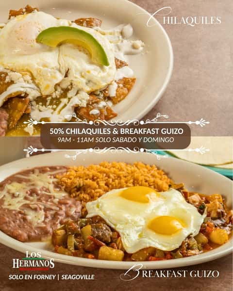 ✨Oferta Especial de Desayuno✨
Visitanos en Forney y Seagoville y obten un descuento de 50% en dos platos favoritos: Chilaquiles y Breakfast Guizo!🍳
📅 Sabado y Domingo
🕛 9 am a 11 am
📍426 FM 548 #116 Forney, TX 75126
📞 972-552-5755
📍 302 N HWY 175 Seagoville, TX 75159
📞 972-287-9983